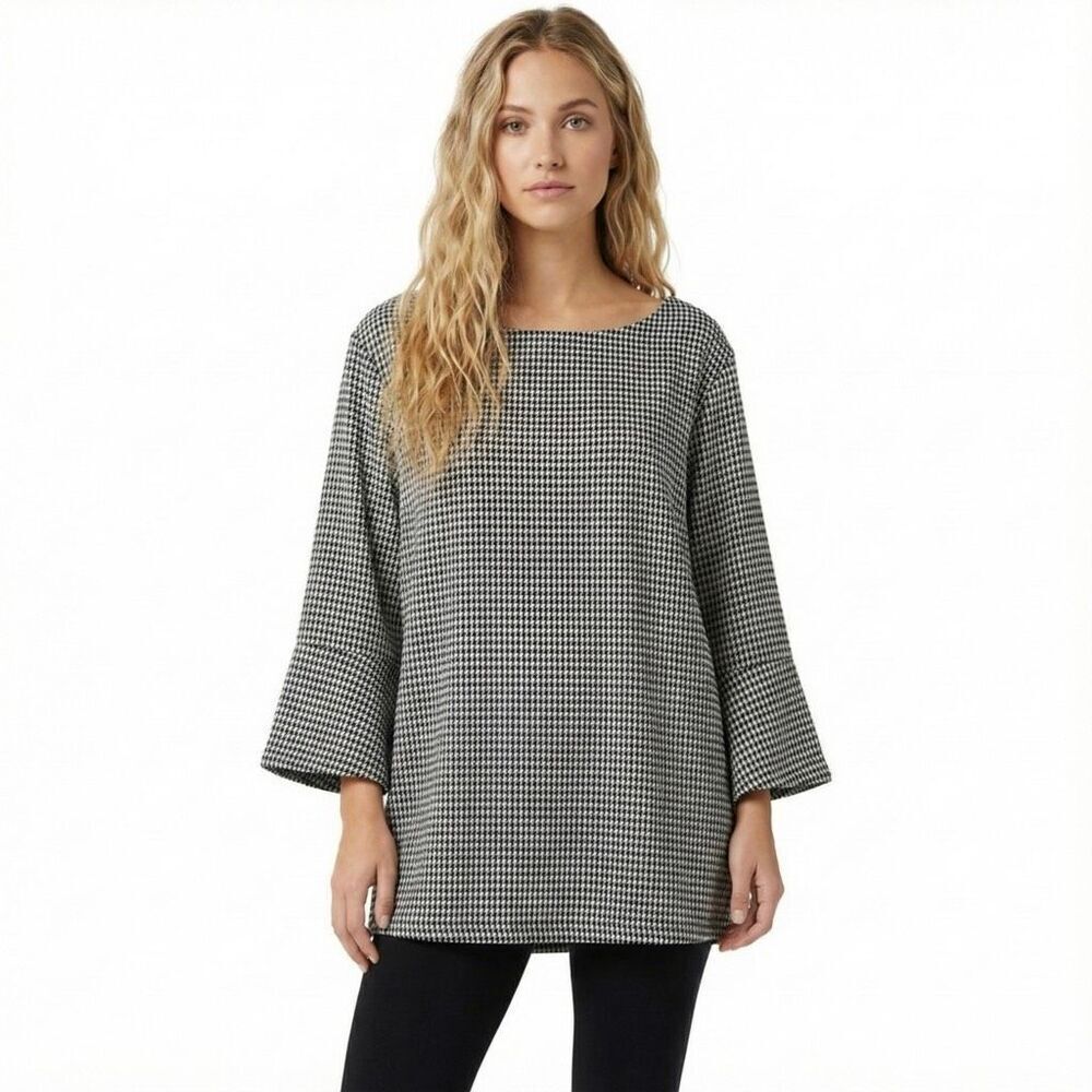 Ambria Black White Houndstooth Blouse 20 Plus Size Tunic Work Office 3/4 Sleeve